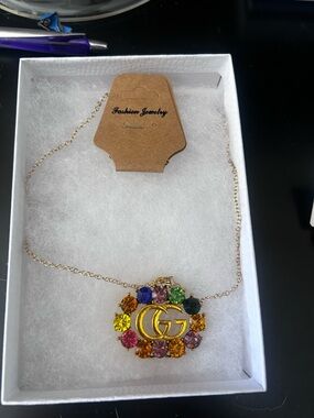 Fashion Jewelry Gold-Tone Multicolor Crystal GG Pendant Necklace